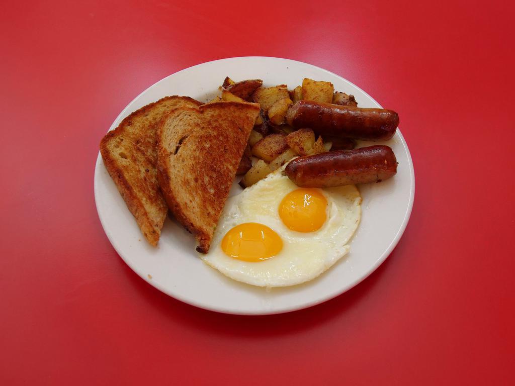 Breakfast Plate · 2 eggs your way, home fries, choice of bacon, sausage, or ham and choice of toast.