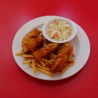 Fish and Chips · Lightly battered cod fried golden brown, served with french fries, coleslaw and tartar sauce.