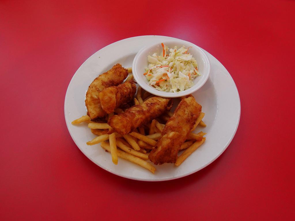 Fish and Chips · Lightly battered cod fried golden brown, served with french fries, coleslaw and tartar sauce.