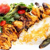 12. Chicken Kabob Cornish Plate · With bone. Served with hummus, white basmati rice, salad, pita bread, grilled tomato & jalap...
