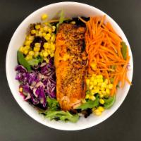 Grilled Salmon Salad · Grilled Salmon, lettuce, tomatoes, carrots, corn, red cabbage and balsamic vinaigrette dress...