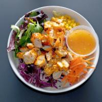 Chicken House Salad · Diced chicken, lettuce, tomatoes, carrots, corn and red cabbage. Italian dressing on the side.