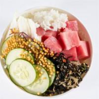 Spicy Ahi · Ahi tuna - green and sweet onion - cucumber - masago - sesame seeds - Sriracha aioli - seawe...