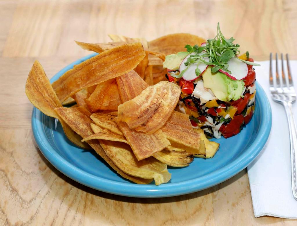 Hijiki-Hearts of Palm Ceviche · Jalapeño, hijiki seaweed, red pepper, cilantro, cherry tomato, avocado, served with plantain chips. Gluten free.
