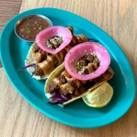 Crispy Chayote Fish Tacos · Hemp and flax seed battered chayote squash, chipotle almond butter, pickled red onion. Spicy...