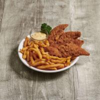 4 Pieces Chicken Fingers with Fries · Comes with side of honey mustard.