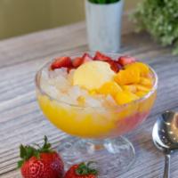A5. Strawberry Mango Juice Sago and Lychee Jelly with Mango Ice Cream · Choice of lychee jelly, rice ball, herbal jelly or red bean.