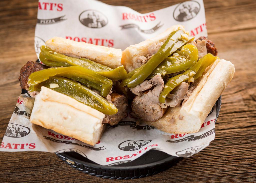 Combo Sandwich · Rosati's Italian sausage link and beef on Italian bread with sweet peppers. Served with french fries or side salad.