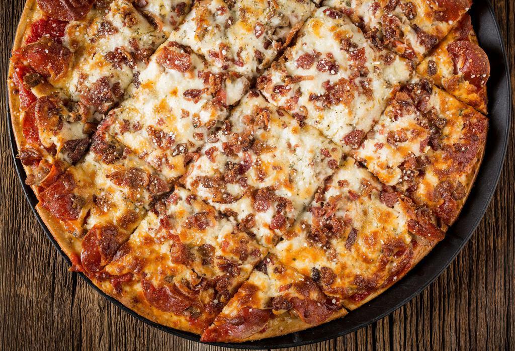 Meat Mania Pizza · Gourmet Italian sausage, pepperoni and meatball with bacon on top.