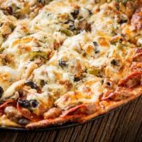 Classic Combo Pizza · Gourmet Italian sausage, pepperoni, mushroom, onion, green pepper and black olives.