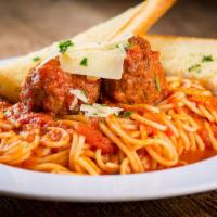 Spaghetti and Meatballs · Traditional spaghetti with marinara sauce served with homemade meatballs from the family rec...