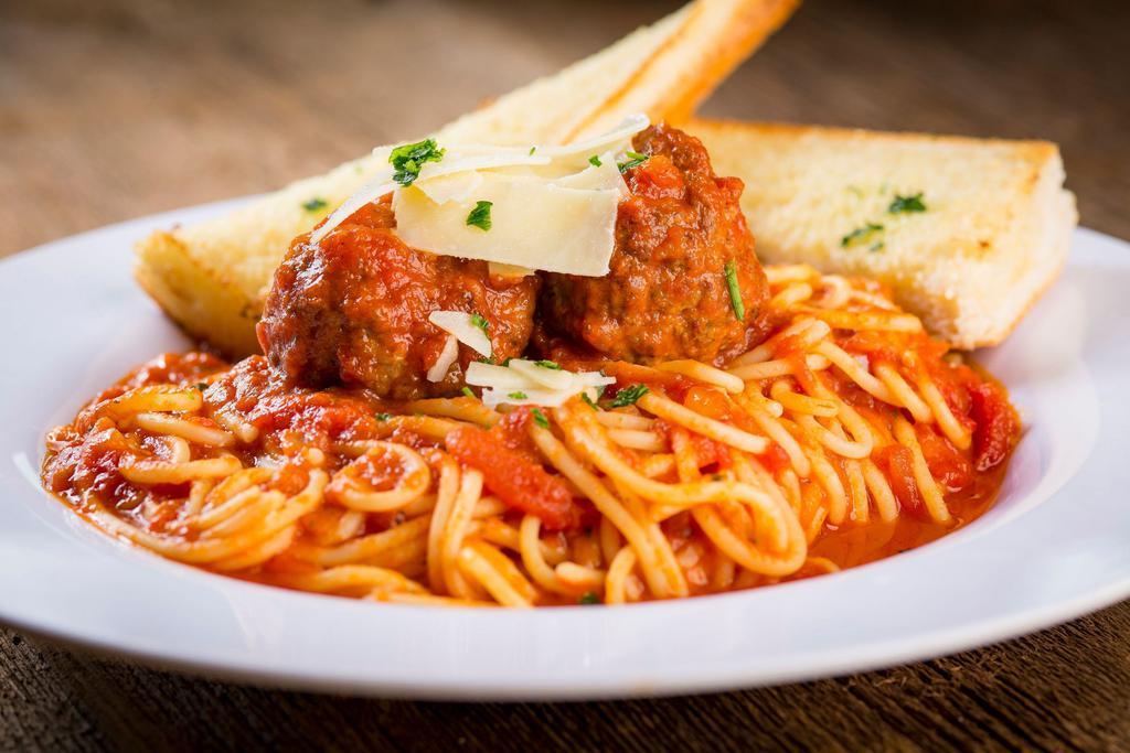 Spaghetti & Meatballs · Traditional Spaghetti with marinara sauce served with homemade meatballs from the family recipe, topped with shaved Asiago cheese & fresh parsley.