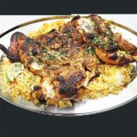 Grilled Chicken · Fresh 1/2 chicken seasoned with special mix seasoning, served with rice.