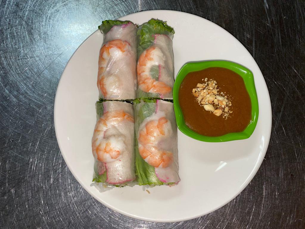 1. Goi Cuon · Salad roll. 2 pieces. Rice paper rolls with shrimp and pork, vermicelli noodle mint leaves, bean sprouts lettuce, chives, and a side of peanut sauce.