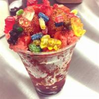 Gummy Yummy large · Strawberry shaved ice with gummy and some chamoy and lucas 