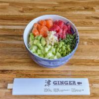 P1. Ginger Poke Bowl · Salmon, ahi tuna, edamame, cucumber, avocado.