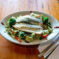 Rainbow Trout · Served with a stir-fry of basil-pesto brown rice & fresh mixed veggies (kale, cabbage, red p...
