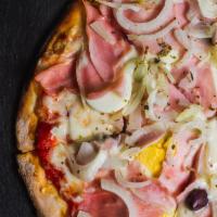 Portuguesa Pizza · Tomato sauce, mozzarella, ham, onions, hardboiled egg and black olives.