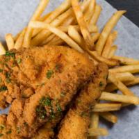 Kids Chicken Tenders · Served with french fries.