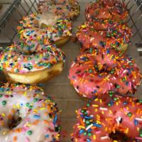 Cakes Donut · Choices: plain, powdered, crumble, maple, chocolate icing, chocolate with chocolate sprinkle...