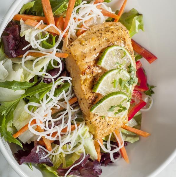 Thai Noodle Salad · Spring mix, iceberg lettuce, carrots, cilantro, peanuts and vermicelli noodles and peanut dressing.