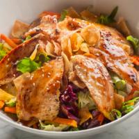 Sesame Salad · Spring mix, iceberg lettuce, carrots, cilantro, sesame seeds, wonton and oriental sesame dre...