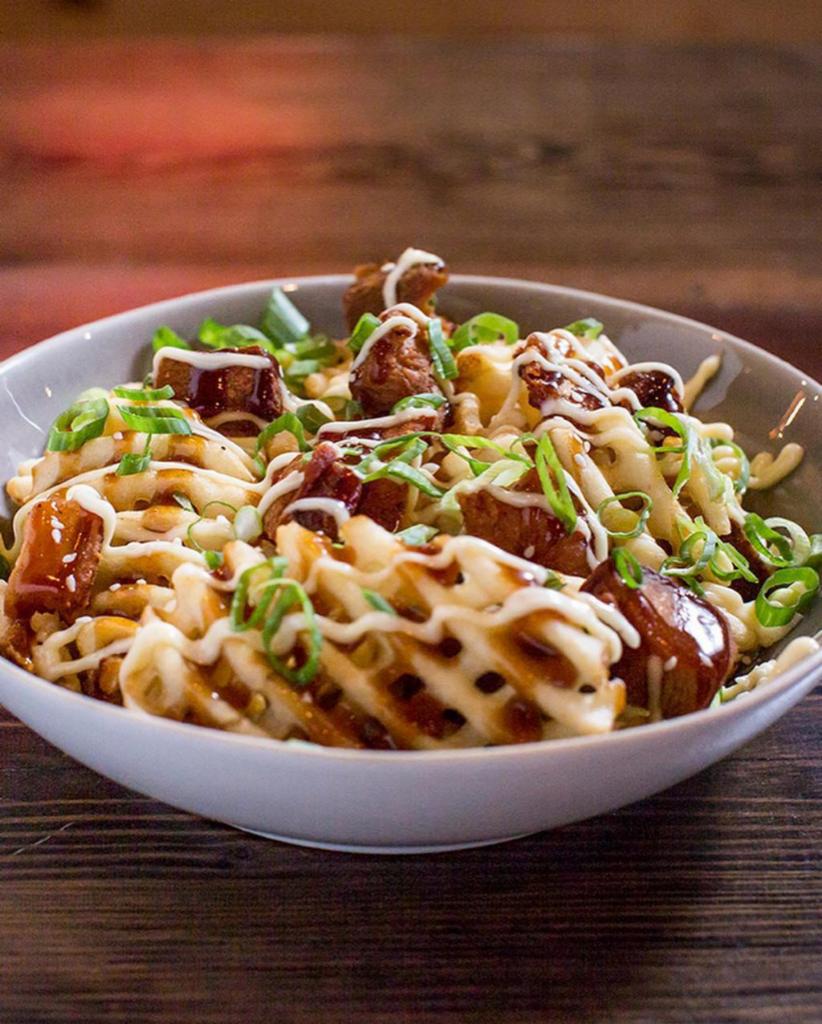 Pork Belly Waffle Fries · Topped with pork belly, kewpie, and okonomi sauce. 