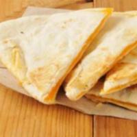 Cheese quesadilla · Large flour tortilla with melted jack cheese served guacamole sour cream and chips and salsa 