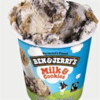 Ben & Jerry's Milk & Cookies · Vanilla ice cream with a chocolate cookie swirl, chocolate chip and chocolate chocolate chip...