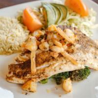 Grilled Blackened Tilapia · 
Served over a bed of medley vegetables, topped with lemon wine shrimp.  Served with cilantr...