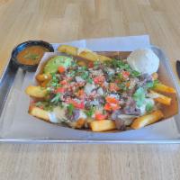 Veggie Fries · French Fries topped with Sauteed Bell Peppers & Onions, Kennedy's Signature Jalapeno Queso (...