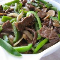 Mongolian Beef · Served with green bell pepper and mushroom.