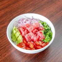 Poke Bowl · Hawaiian style tuna poke bowl, avocado, red onion, tomato, pineapple, fried onion, cilantro,...