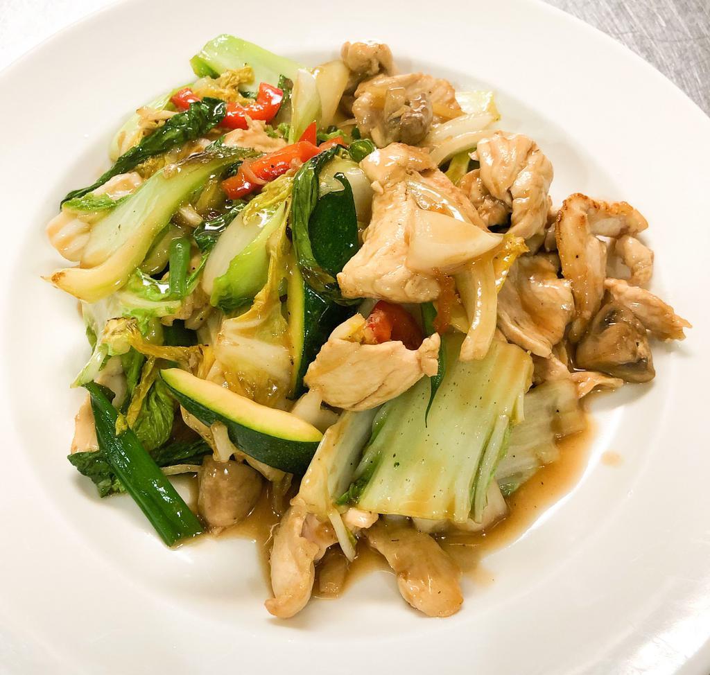Ginger · Sauteed chicken, beef or jumbo shrimp with fresh ginger, mushroom, onion, red bell pepper and mixed vegetables in brown sauce (gluten free available).