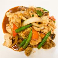 Stir-Fried Pad Ped  · Sauteed with green peppercorn, lime leaves, onion, green beans, wild mushroom, eggplant, red...