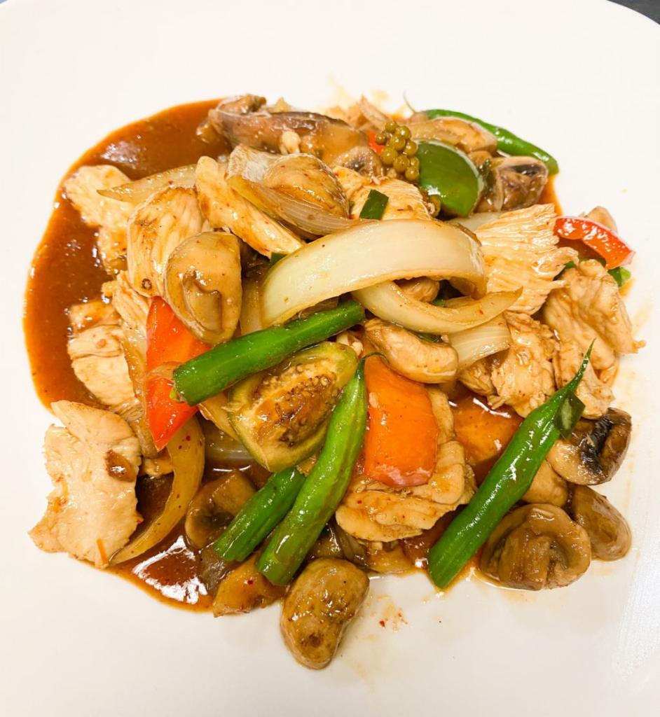 Stir-Fried Pad Ped  · Sauteed with green peppercorn, lime leaves, onion, green beans, wild mushroom, eggplant, red bell pepper and Thai basil in hot pepper sauce(gluten free available).
