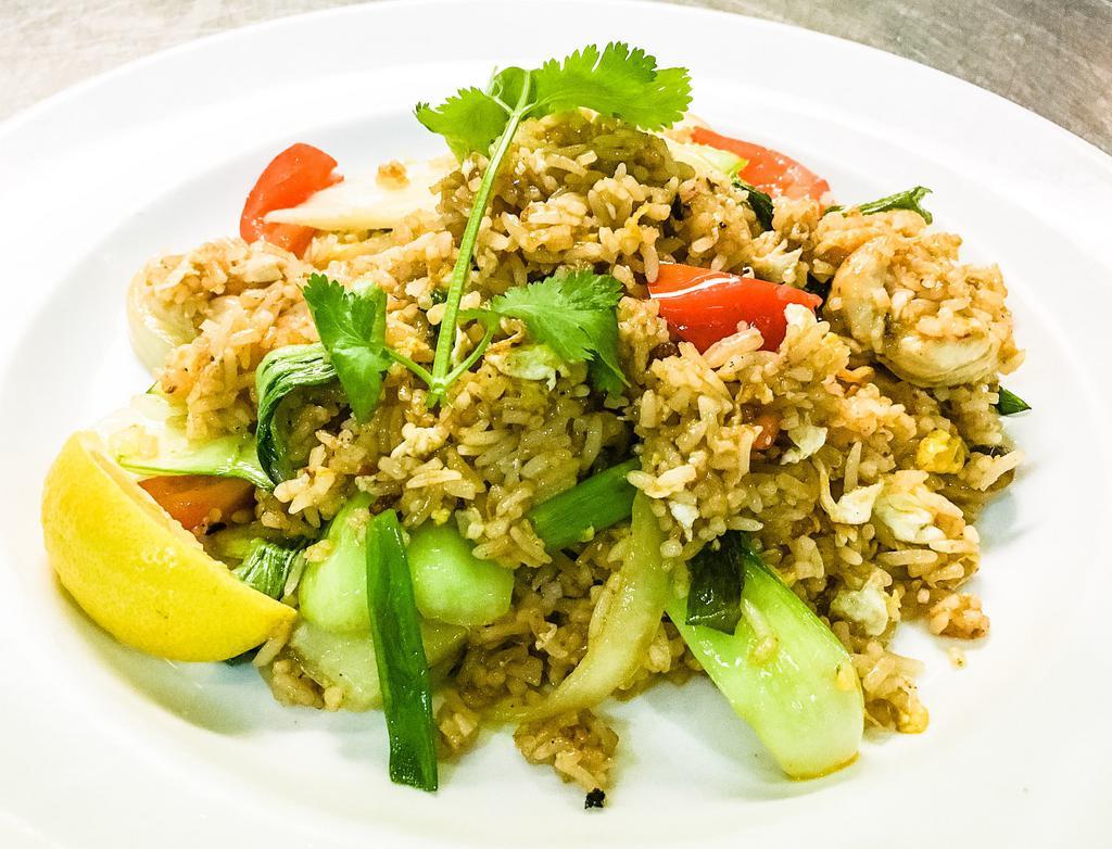 Veggi Basil Fried Rice · Stir-fried jasmine rice with egg, onion, scallion, mushroom, Thai basil, red bell pepper, mixed vegetable and tofu