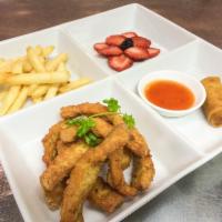 Kid Fried Thai Chicken Finger · Served with spring rolls and fruit.