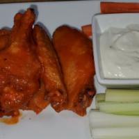  Wings · Classic Buffalo, BBQ, or sweet Thai chili.Served with blue cheese, celery and carrots