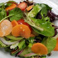 House Salad · Mixed greens, tomato, pickled carrots, cucumber, red onion, & homemade vinaigrette
