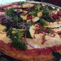 Zucchini Primavera Pizza · Fresh garlic, spinach, zucchini, sundried tomatoes, red onion, broccoli and fresh mozzarella...
