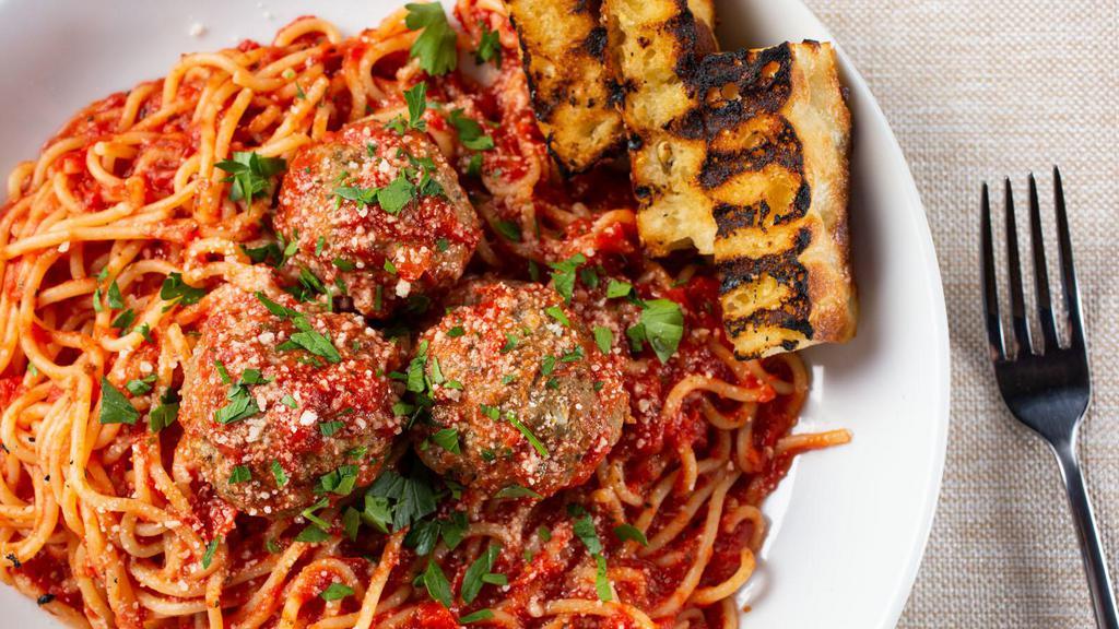 Spaghetti and Meatballs · Spaghetti, marinara, grated Parmesan & 3 meatballs.