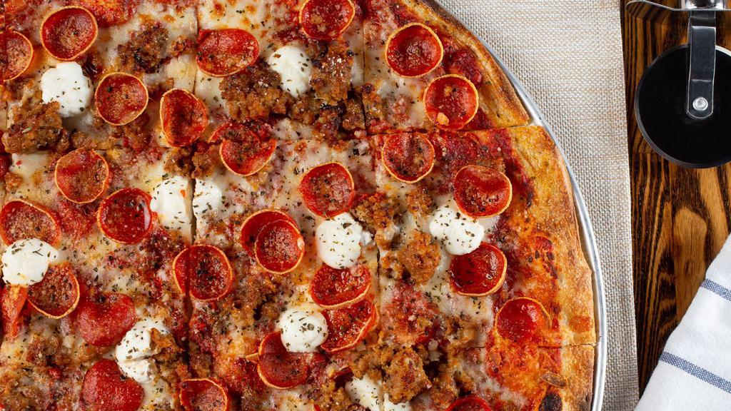 Cracker Thin Crust Style Brooklyn Pizza · Italian sausage, pepperoni, Ricotta, Parmesan, mozzarella, Sicilian oregano, tomato sauce.