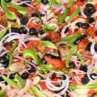 Cracker Thin Crust Style The Works Pizza · Italian sausage, pepperoni, black olives, green bell peppers, mushrooms, red onion, mozzarel...