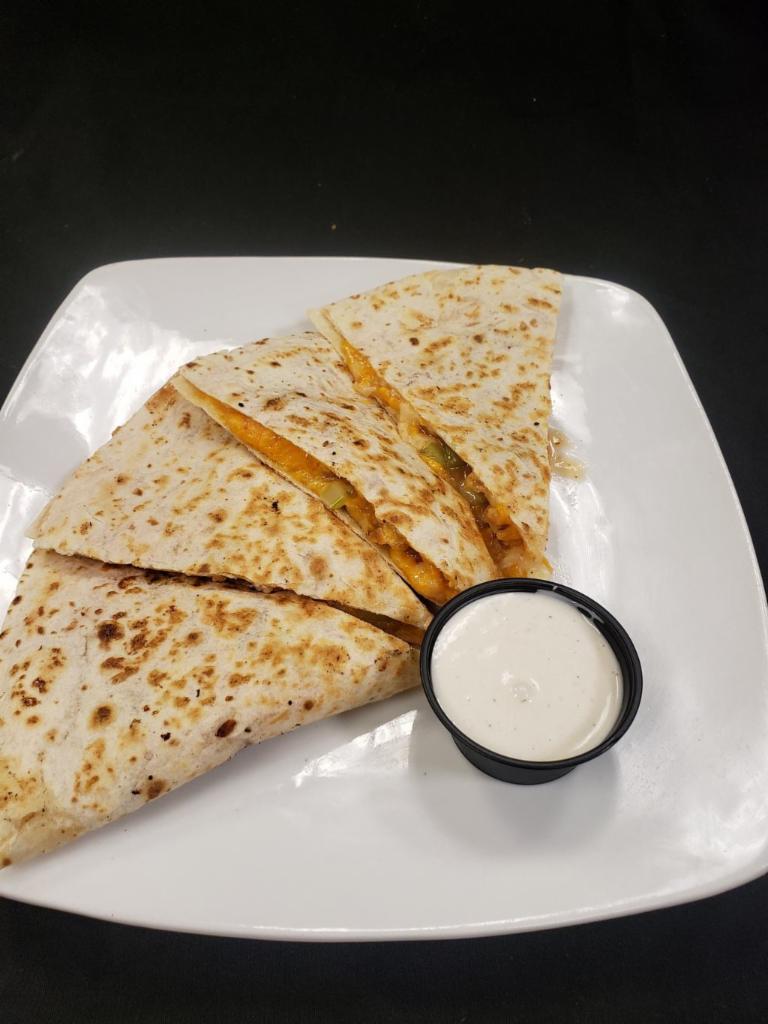 Country Sweet Quesadilla · Breaded chicken, cheddar jack, celery, and country sweet, with a side of bleu cheese 
