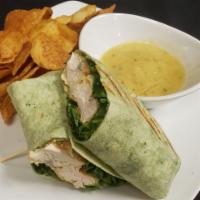 Chicken French Wrap · Egg battered chicken breast, garlic aioli, spinach & shaved Parmesan in a pressed spinach to...