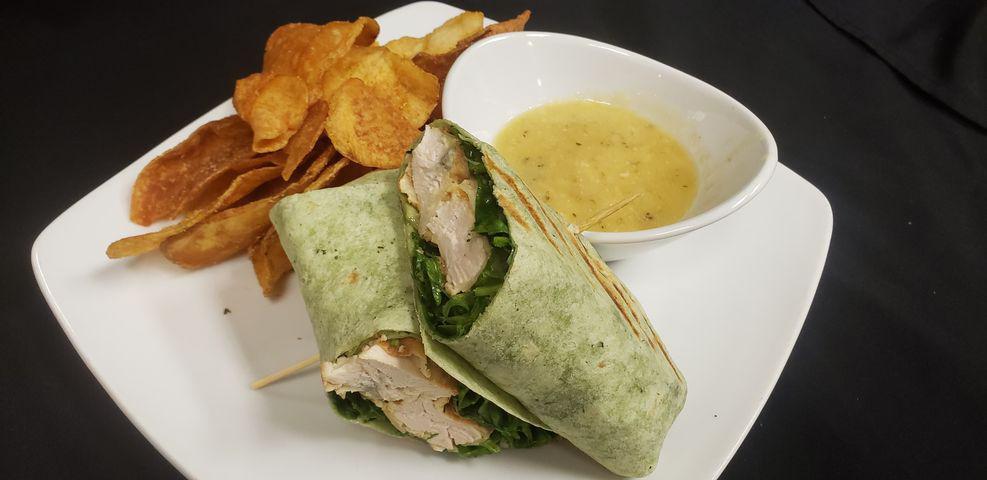 Chicken French Wrap · Egg battered chicken breast, garlic aioli, spinach & shaved Parmesan in a pressed spinach tortilla, with a side of French sauce for dipping.
