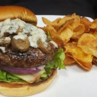 Bleu Shroom Burger · Lettuce, tomato, red onion, blue cheese crumbles, marinated mushrooms, and garlic aioli.