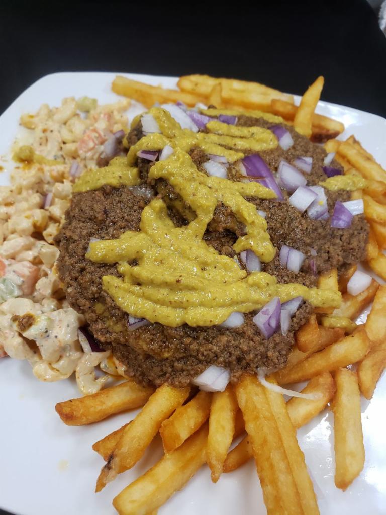 Cheeseburger, Hot Dog or Combo Plate  · 2 cheeseburgers, 2 hot dogs or 1 of each. Topped with red onion, spicy brown mustard and homemade meat hot sauce.