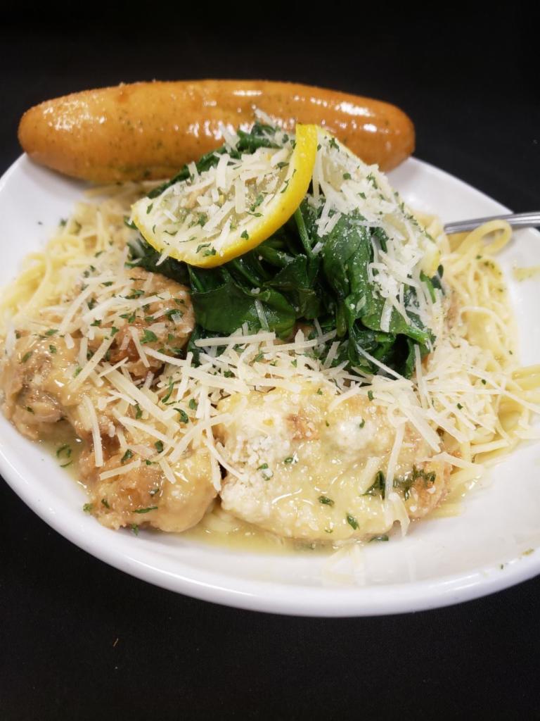 The “Frenches”  · Egg battered chicken or tender artichoke hearts, pan-fried and served with a creamy sherry and lemon sauce over sauteed baby spinach and your choice of pasta. Served with a side salad and a breadstick.